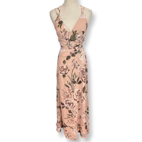 Fame and Partners Deco Siren Strappy Open Back Thigh Slit Maxi Dress Rose Floral - Picture 3 of 10